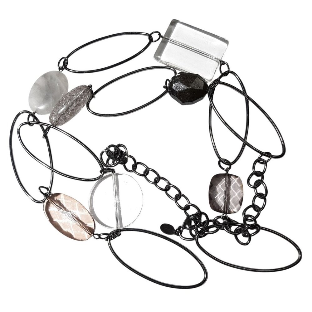 Express Gun Metal Black Chain Lucite Lace Agate Bead Retro Necklace